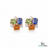 Multicolor Emerald Cut Gemstone Cluster Stud Earrings - Diamond Accent Geometric Stud Earrings for Women