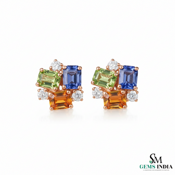 Multicolor Emerald Cut Gemstone Cluster Stud Earrings - Diamond Accent Geometric Stud Earrings for Women