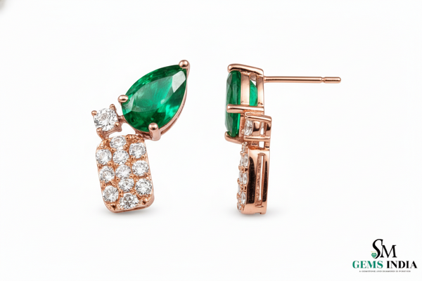 Pear Cut Emerald & Diamond Cluster Stud Earrings - Green Gemstone Jewelry