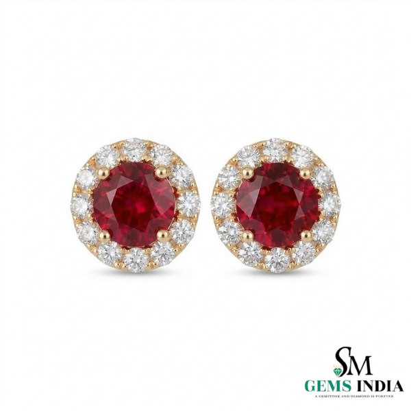 Round Ruby Halo Stud Earrings with Diamonds - Elegant Ruby Gold Stud Earrings