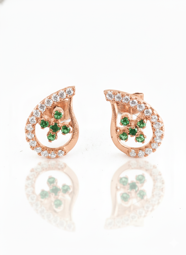 Teardrop Stud Earrings with Round Natural Emerald Cluster &amp; Diamonds in Gold Unique Gift for her