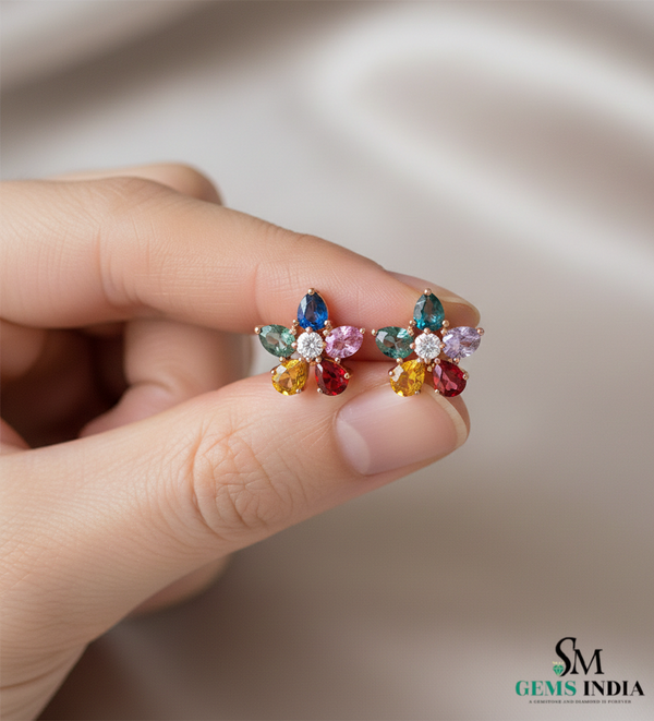 Multicolor Pear Cut Gemstone Flower Stud Earrings – Diamond Center Floral Cluster Earrings for Women