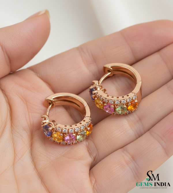 Rainbow Oval shape Multi Gemstone & Diamond Huggie Hoop Earrings