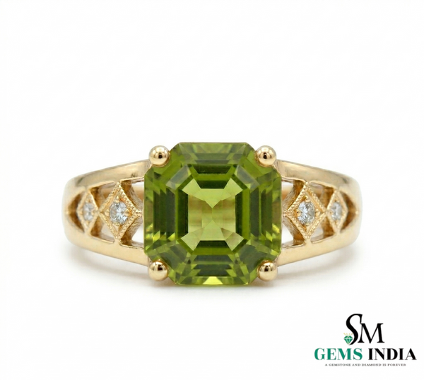 Hexagon Cut Peridot Ring with Diamond Accents