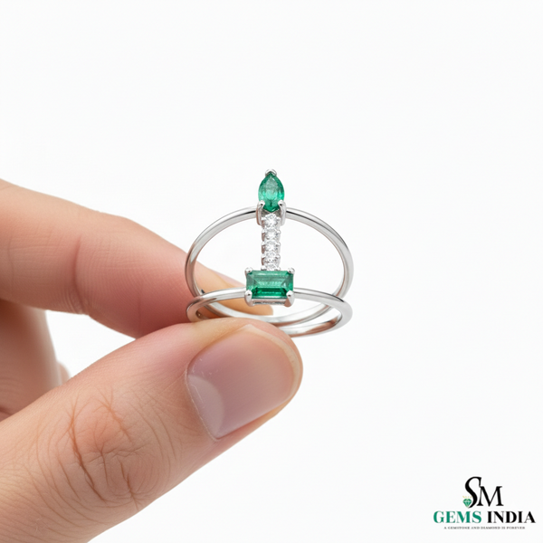 Pear & Emerald Cut Emerald Open Ring with Diamond Bar