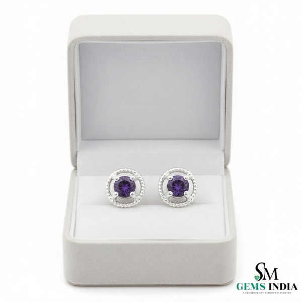 Natural Round Amethyst Gold Stud Earrings with Twisted Rope Setting