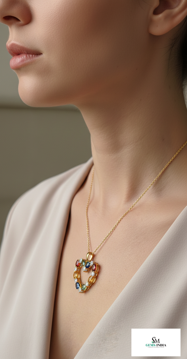 Rainbow Multicolor Oval Gemstone Heart Pendant Necklace in 18k Gold