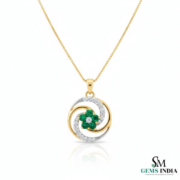 Natural Emerald Floral Swirl Pendant in Gold – Diamond Accent Pendant