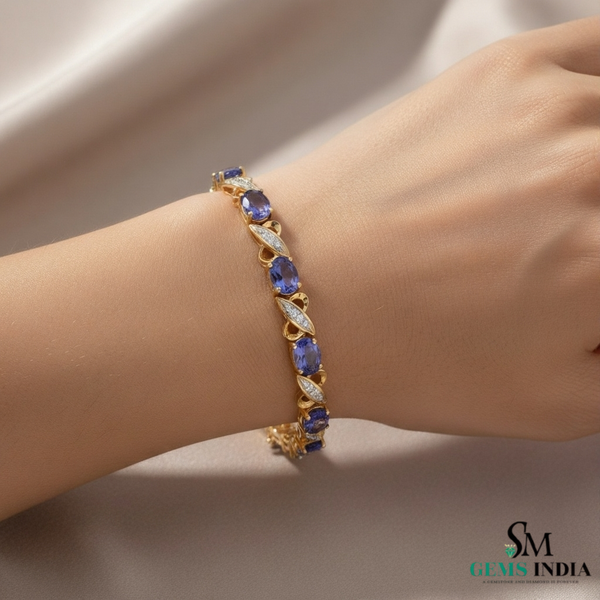 Natural Tanzanite and Diamond Link Bracelet Fine Gold Jewelry