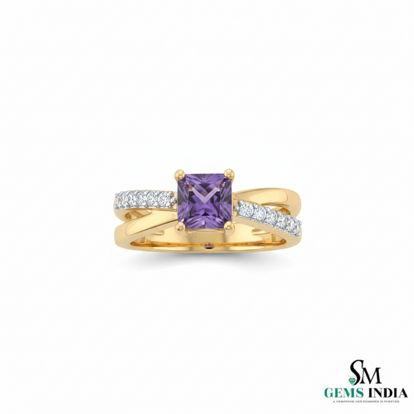Elegant Princess Cut Amethyst Diamond Ring in 14k and 18k Gold Fine Gold Jewelry