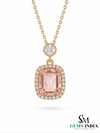 Luxury Emerald Cut Morganite & Diamond Halo Pendant Necklace