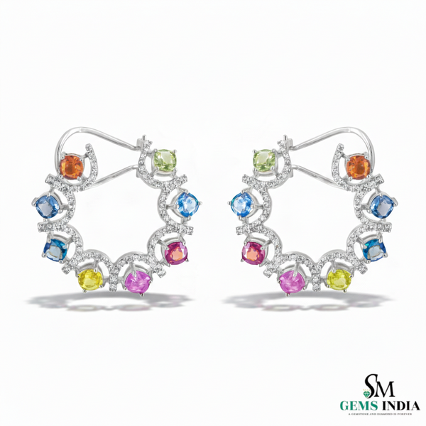 Cushion Gemstone Multicolor Sapphire & Diamond Open Hoop Earrings