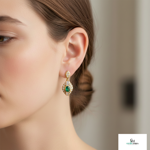 Elegant Oval Natural Emerald Teardrop Earrings Baguette Round Diamond Mix
