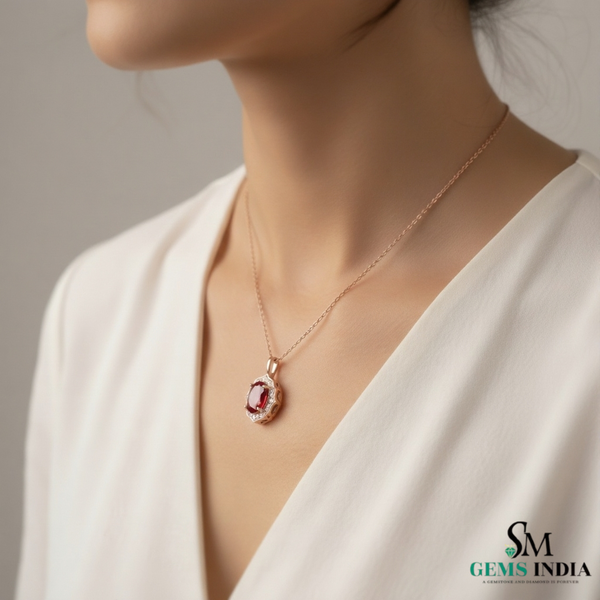 Vintage Style Oval Cut Natural Ruby and Diamond Halo Pendant in 18k Gold