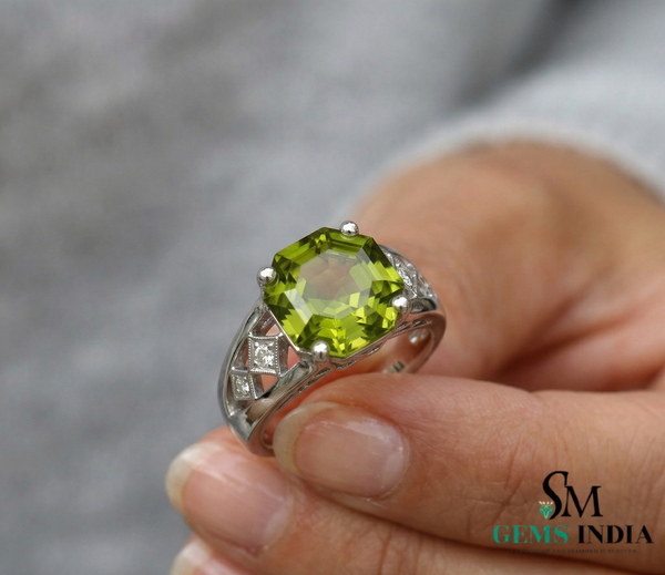 Hexagon Cut Peridot Ring with Diamond Accents