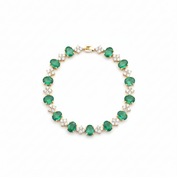 Oval cut Natural Zambian Emerald and Diamond Bracelet - 18K Solid Gold May Birthstone