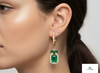 Emerald Cut Natural Emerald Halo Dangle Earrings in 14k Gold Diamond Halo Leaf Design Dangle Earrings