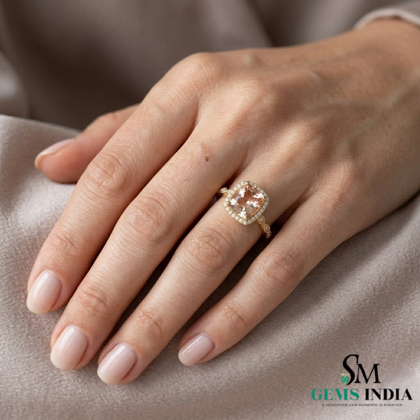 Cushion Cut Peach Statement Morganite Halo Ring with Brilliant Diamond Border