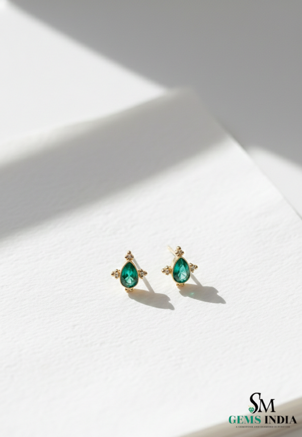 Pear Cut Emerald Stud Earrings – Teardrop Green Gemstone Minimalist Fine Jewelry for Women