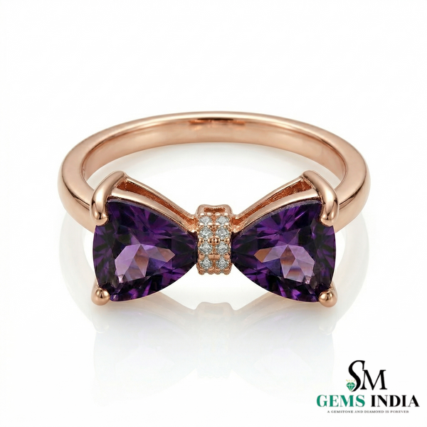 Double Trillion Cut Amethyst Bow Ring with Diamond Accent