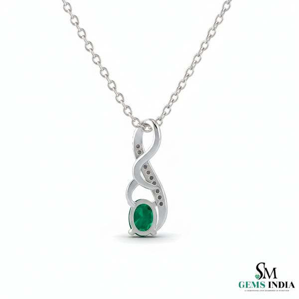 Natural Green Emerald Oval Pendant with Diamond Curve Design