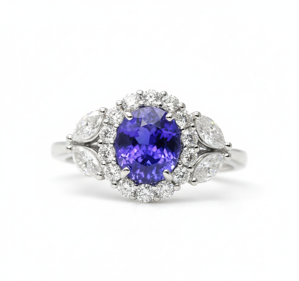Round Tanzanite & Diamond Halo Ring with Marquise Side Diamonds in 18k Gold