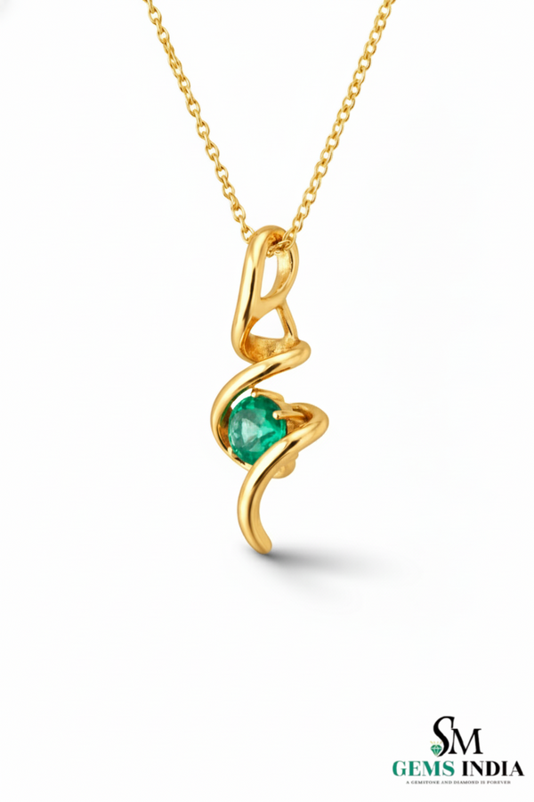 Natural Emerald Round Stone Curved Twist Pendant - Green Gemstone Jewelry