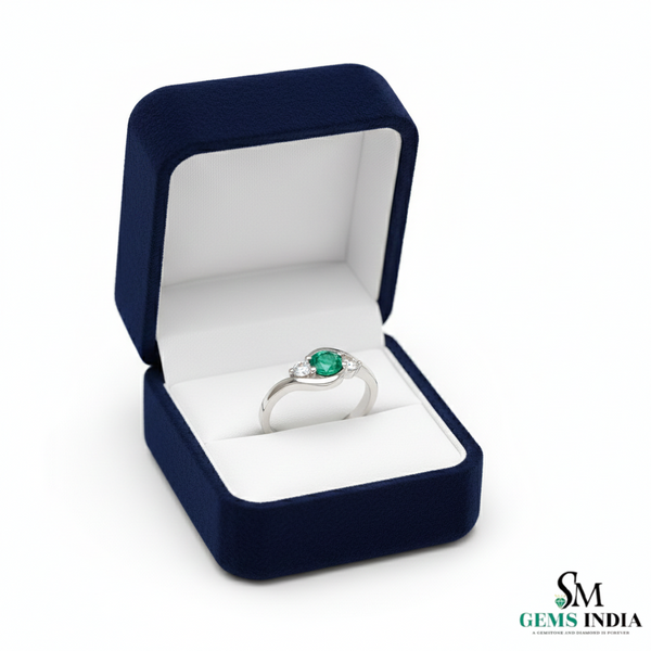 Round Natural Emerald Center Diamond Side Stone Curved Band Ring
