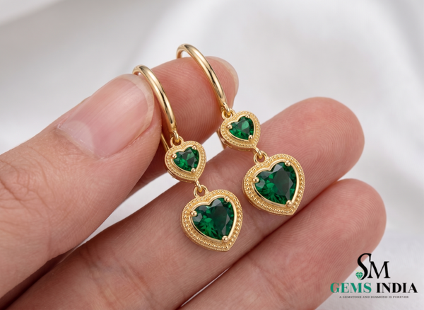 Romantic Double Heart Natural emerald Dangle Earrings in Gold with Green Stones