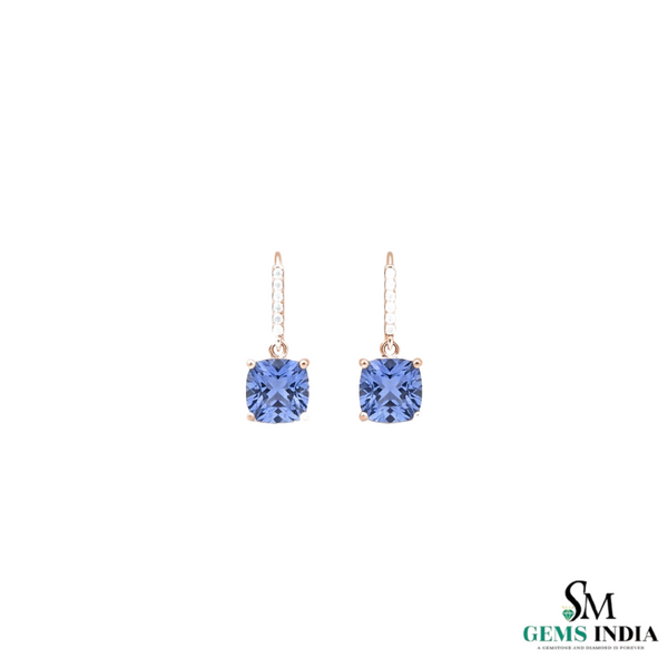 Elegant Cushion Cut Tanzanite Diamond Dangle Earrings in 18K Gold