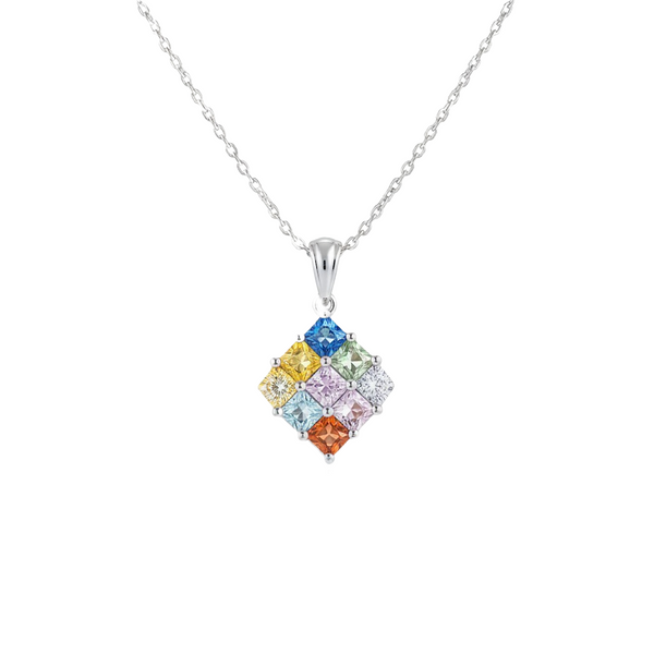Multi Sapphire Gold Princess-Cut Multicolor Gemstone Square Pendant
