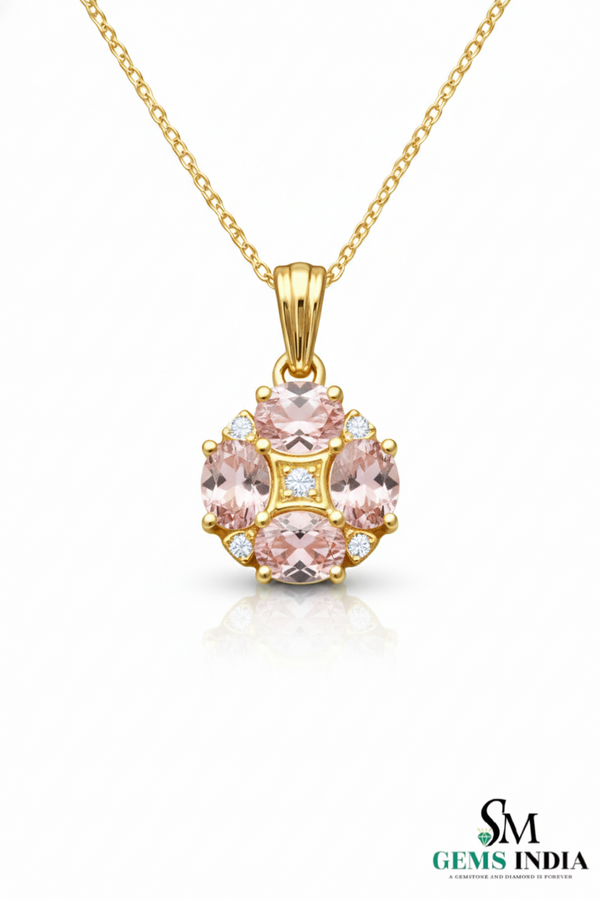 Oval cut Pink Morganite &; Diamond Gold Cluster Pendant for Women