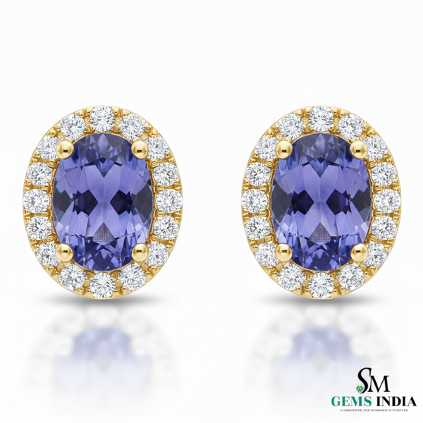 Minimal Oval Cut Tanzanite Halo Stud Earrings in 18k Gold