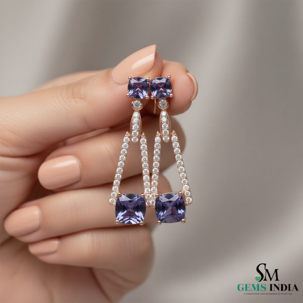 Cushion Cut Tanzanite & Diamond Drop Earring - Luxury Gold Jewelry