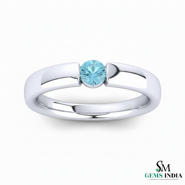 Round Aquamarine Solitaire Ring - Gold Band Ring