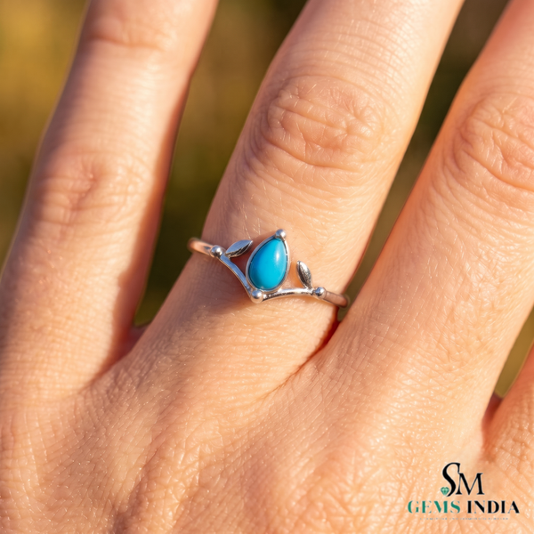 Teardrop Turquoise Ring With Leaf Accent Details – Blue Turquoise Statement Ring