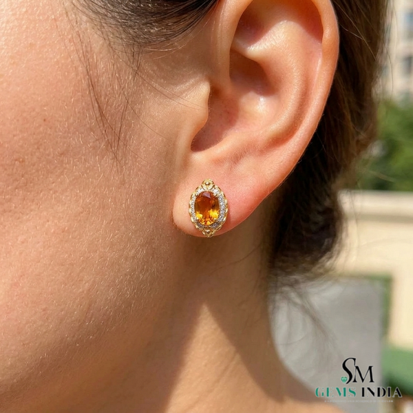 Natural Citrine Oval Stud Earrings With Diamond Halo - Fine Jewelry For Her