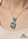 Emerald Cut Emerald Halo Pendant Necklace with Round Emerald & Diamond Accents