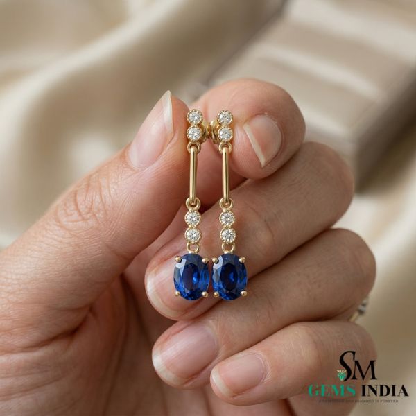 Oval Tanzanite Drop Earrings with Diamond Bar - Gift for her
