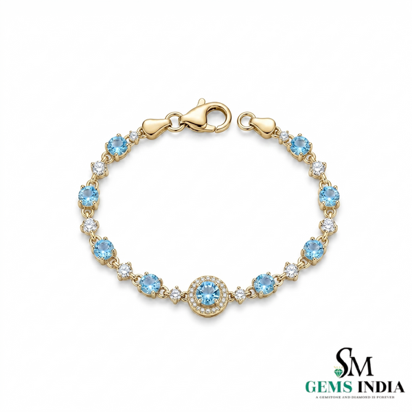 Round Natural Aquamarine Bracelet for Women - March Birthstone Gift