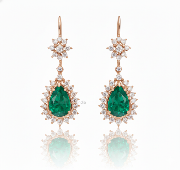 2.70 Carat Pear-Shaped Natural Emerald Tear Drop Earrings with Diamond Halo Dangle Earrings