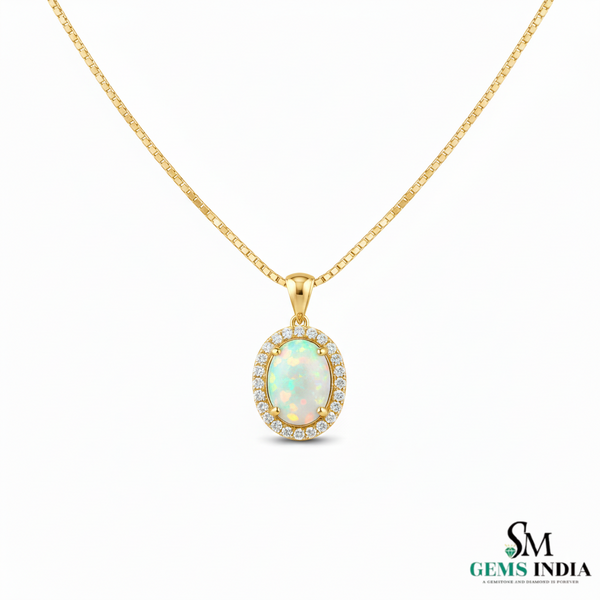 Natural Oval Opal Pendant with Diamond Halo Pendant for Women