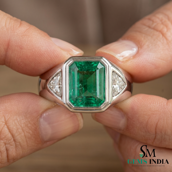 Natural Emerald And Triangle Moissanite Ring 10.20 Carats Engagement Ring in 14K gold