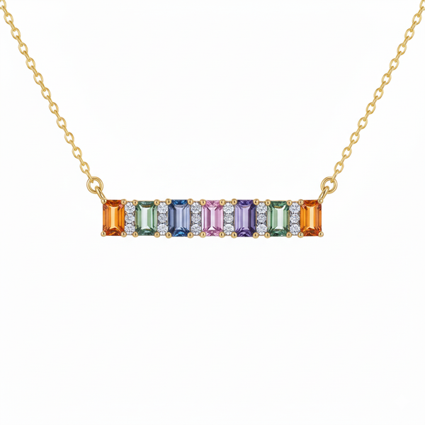 Rainbow Bar Necklace in 14k Gold Emerald Cut Multicolor Pendant