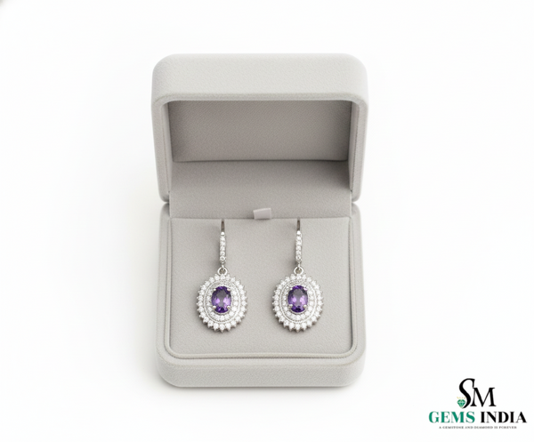 Elegant Oval Amethyst Drop Earrings with Diamond Halo in 14k and 18k Gold