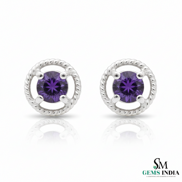 Natural Round Amethyst Gold Stud Earrings with Twisted Rope Setting