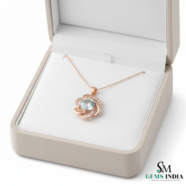 Round Aquamarine & Diamond Pendant - Blue Gemstone Jewelry