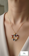 Rainbow Multicolor Oval Gemstone Heart Pendant Necklace in 18k Gold