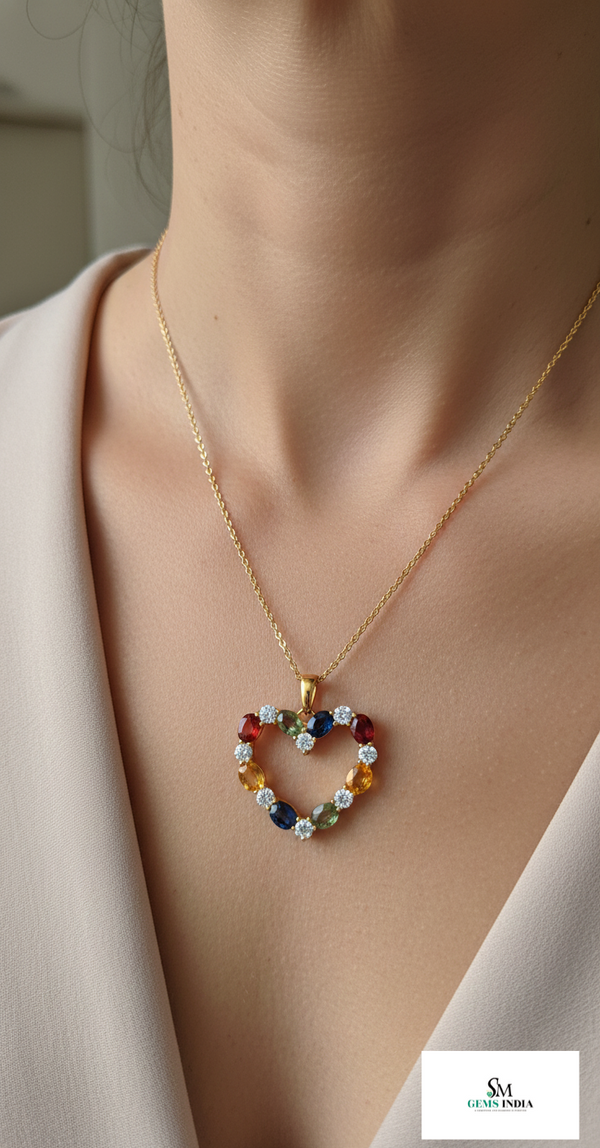 Rainbow Multicolor Oval Gemstone Heart Pendant Necklace in 18k Gold