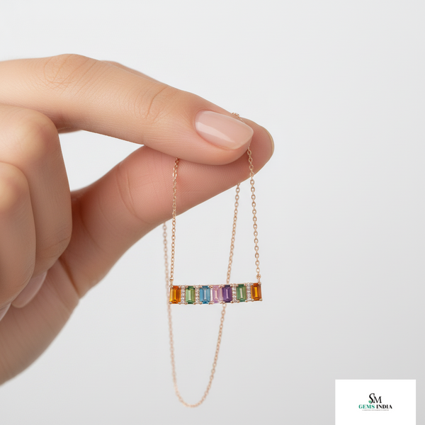 Rainbow Bar Necklace in 14k Gold Emerald Cut Multicolor Pendant
